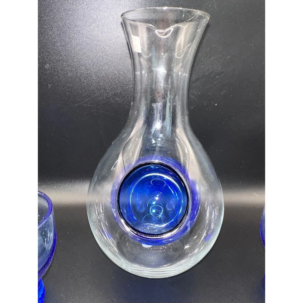 Handmade Japanese Glass Sake Set Decanter with Ice Pocket and 2 Blue Cups